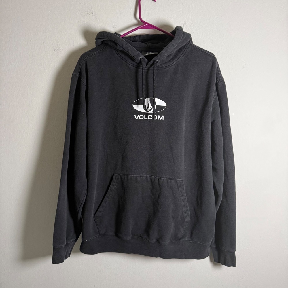 Volcom Stone Mens Large Black Graphic Pullover Hoodie‎ Teal Blue Logo A4142404